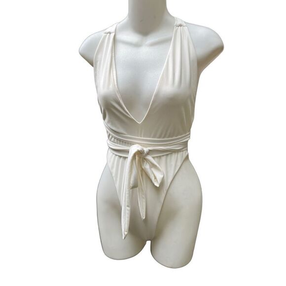 NUDE SWIM DEEP PLUNGE SELF TIE ONE PIECE IVORY CREAM SWIMSUIT NWOT LARGE - Picture 12 of 15